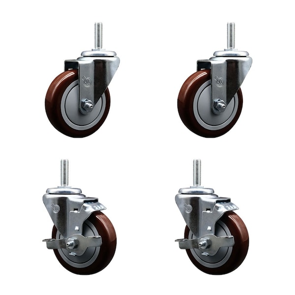 Service Caster 4 Inch Maroon Polyurethane Wheel Swivel 34 Inch Threaded Stem Caster Set 2 Brakes SCC SCC-TS20S414-PPUB-MRN-34212-2-TLB-2 - main